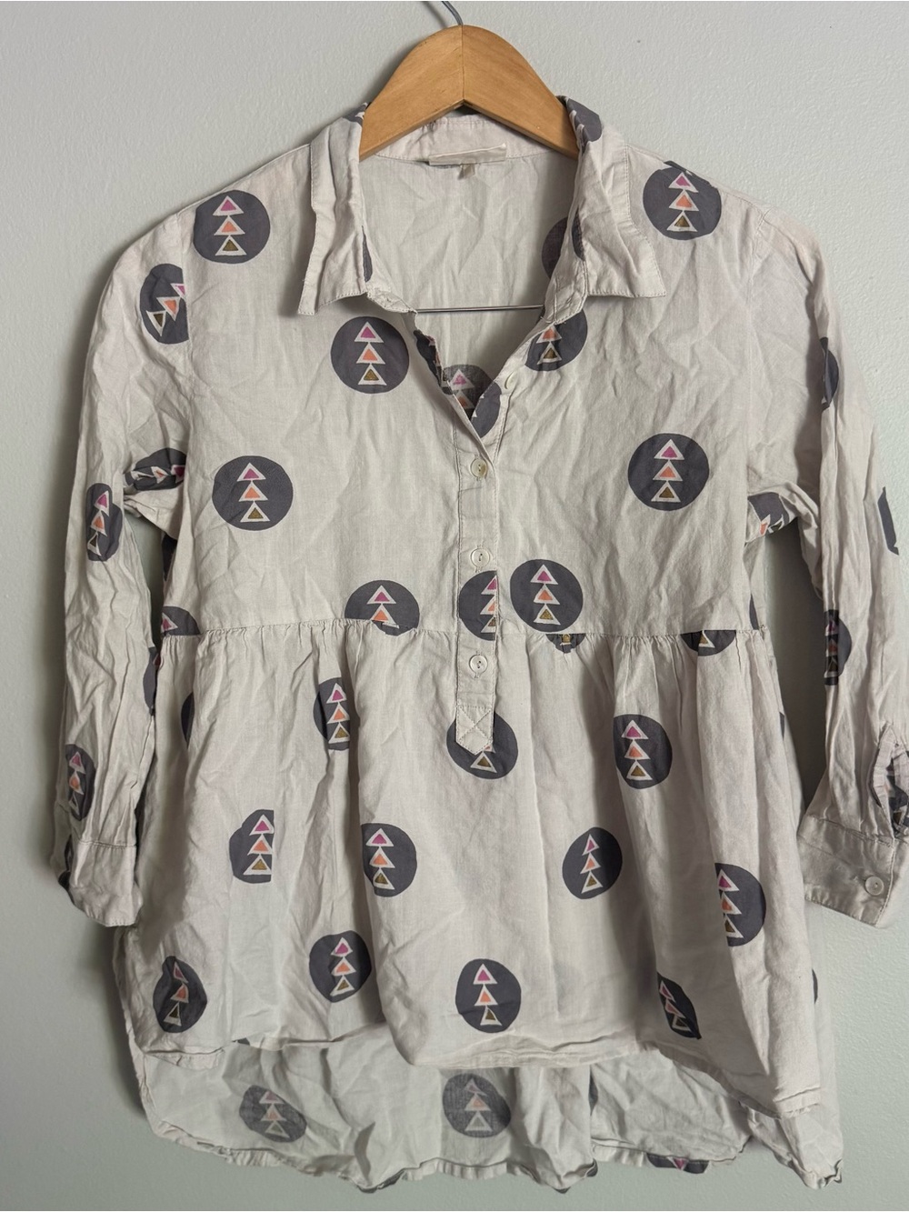 Bombay Paisley Women's M Collared Top Cream Printed Peplum 1/2 Button-Front Top